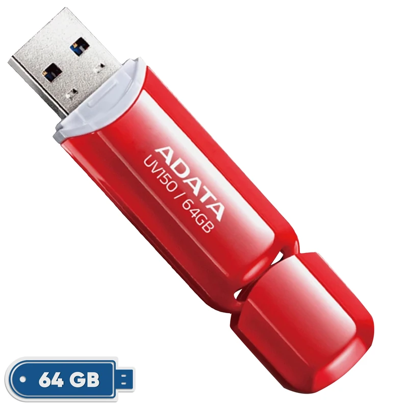 فلش مموری ای دیتا مدل UV150 ظرفیت 64 گیگابایت، رابط USB 3.2 Gen1، سرعت خواندن 90 مگابایت بر ثانیه، طراحی درپوش‌دار، سازگار با گوشی، تبلت، کامپیوتر و تلویزیون