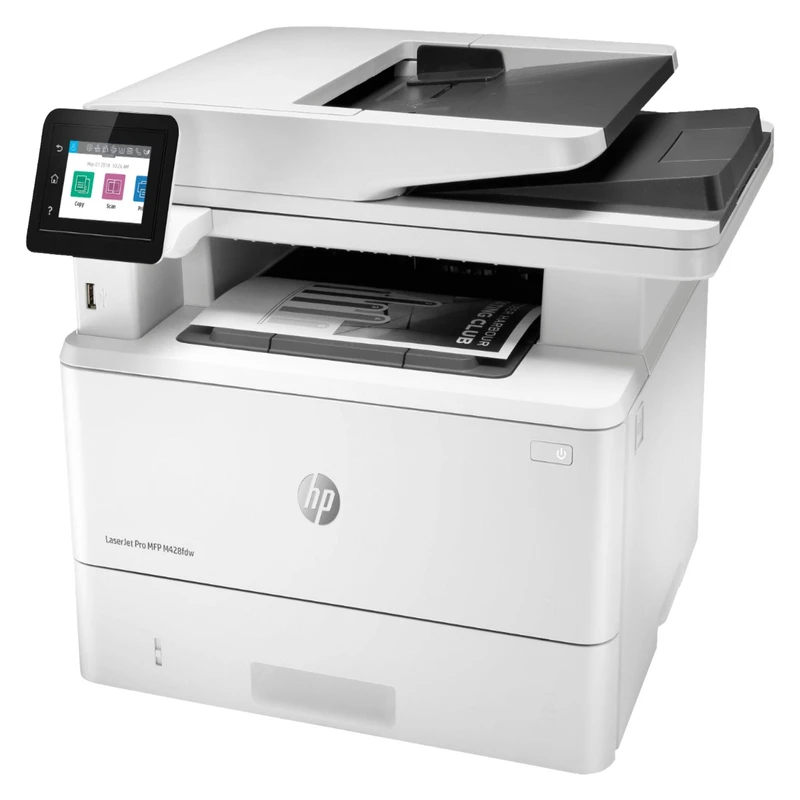 پرینتر اچ پی تک رنگ چهار کاره با چاپ لیزری مدل LaserJet Pro MFP M428fdw، سایز چاپ A4، قابلیت چاپ دو رو، مجهز به پورت شبکه و WiFi، قابلیت چاپ فایل‌های فلش مموری از طریق USB، دارای صفحه نمایش LCD