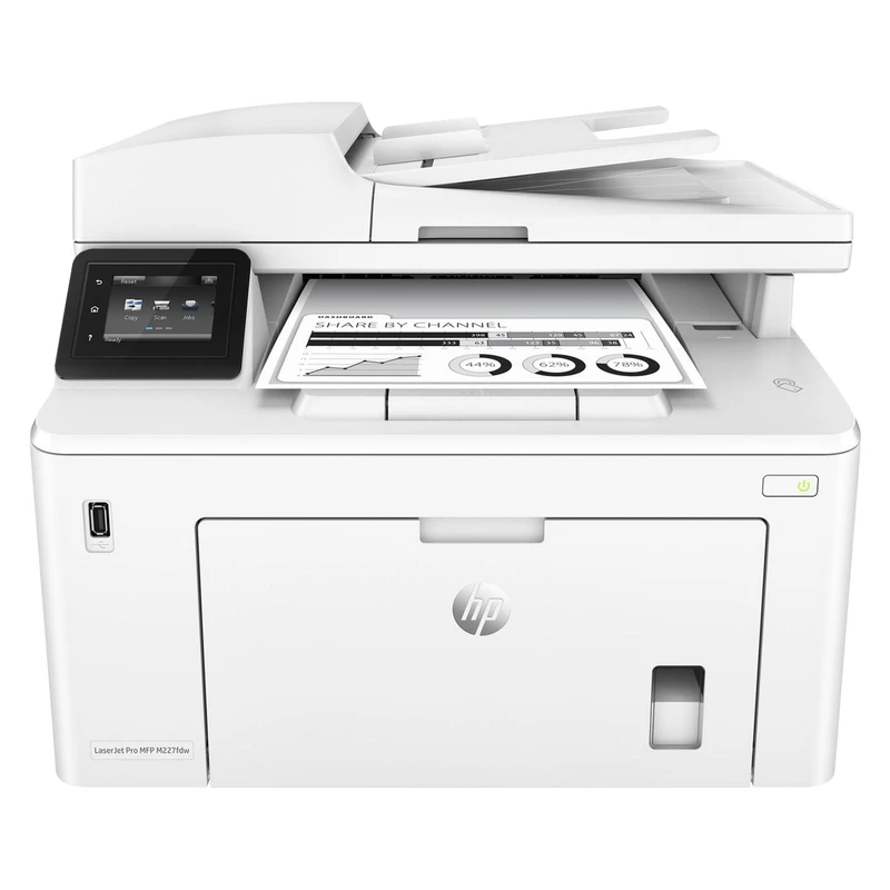 پرینتر اچ پی تک رنگ چهار کاره‌ با چاپ لیزری مدل LaserJet Pro MFP M227fdw، سایز چاپ A4، امکان چاپ دو رو، قابلیت‌ اتصال به WiFi
